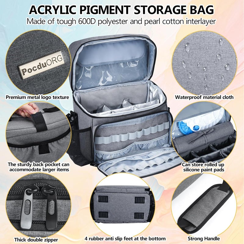 POCDUORG Store Acrylic Paint and Brush Set Organizer Bag - Carrying Case Compatible with Apple Barrel, Shuttle Art, Caliart Art Supplies - Includes Detachable Paint Brush Holder - for Travel/Outdoor Sketching (Gray) - Image 2